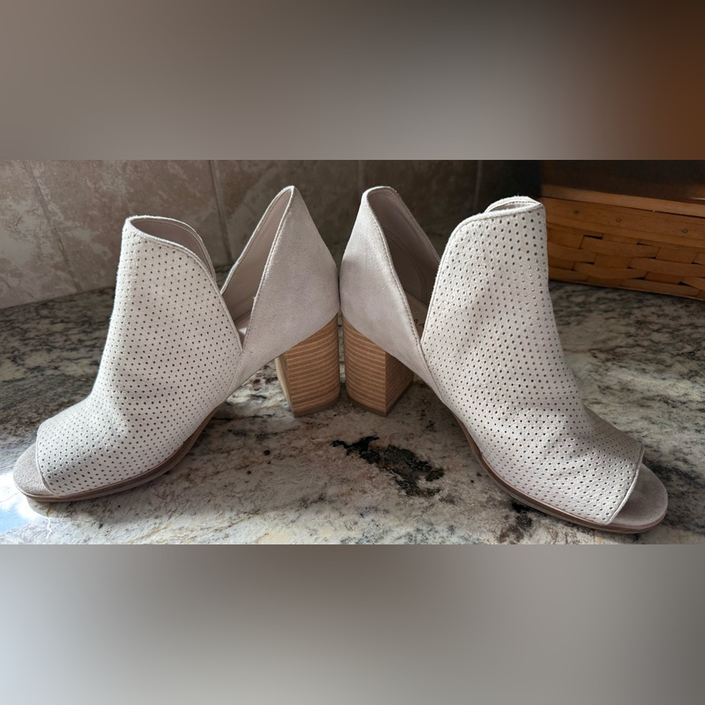 Cole Haan 7B Tan Block Heel, Peep Toe, Slip-On, Suede Leather, Ankle Boot